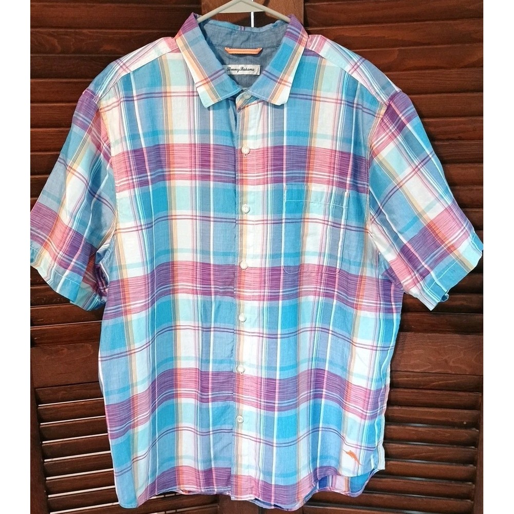 Tommy Bahama Blue Red Orange Plaid Short Sleeve Button‎ Up Shirt Size Xlarge